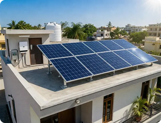 Professional installation of a 3kW rooftop solar system on a residential concrete roof featuring monocrystalline solar panels and a wall-mounted solar inverter