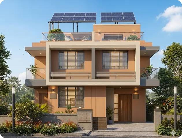 Modern two-story duplex house in India with a 3kW solar panel array installed on an elevated rooftop structure for maximum sunlight exposure