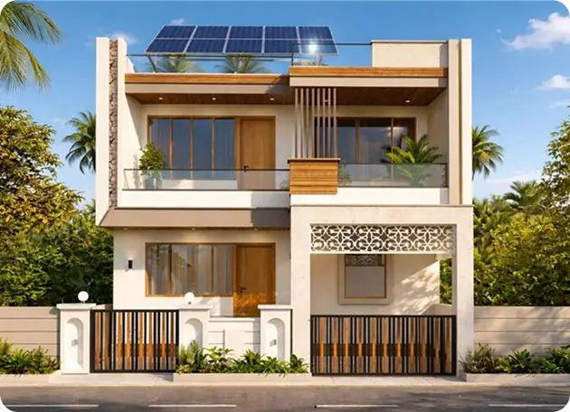 Luxury villa with a 3kW rooftop solar plant installation, illustrating clean energy solutions and government subsidy benefits for Indian homeowners