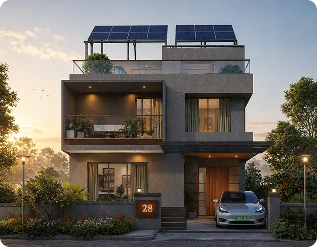 A modern three-story residence featuring an elevated 4kW solar panel installation on the terrace, designed for maximum efficiency and aesthetic integration