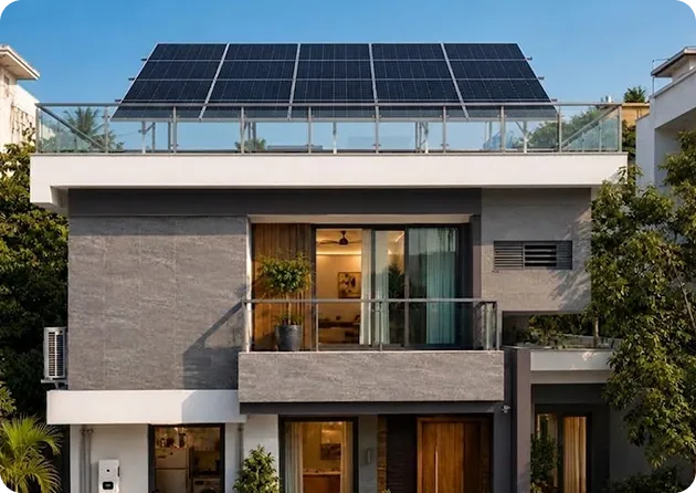 Front view of a modern Indian house featuring a 5.5kW rooftop solar panel system installed on a raised terrace structure for clean and reliable electricity generation.