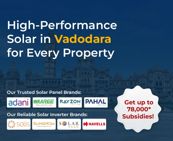 Solar services banner promoting rooftop panels and subsidies in Vadodara with trusted brand logos mobile