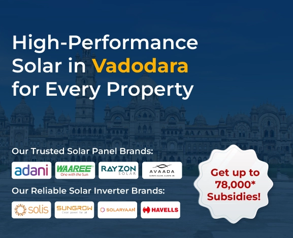 Solar services banner promoting rooftop panels and subsidies in Vadodara with trusted brand logos mobile