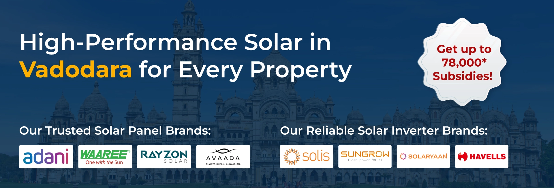 Solar services banner promoting rooftop panels and subsidies in Vadodara with trusted brand logos