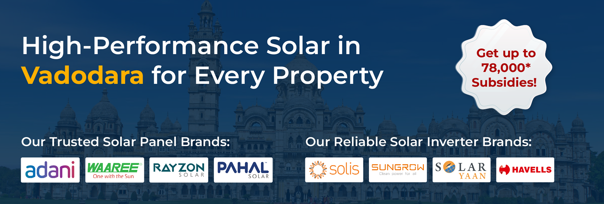 Solar services banner promoting rooftop panels and subsidies in Vadodara with trusted brand logos