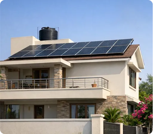 Modern Indian house with rooftop solar panels installed for clean solar energy generation