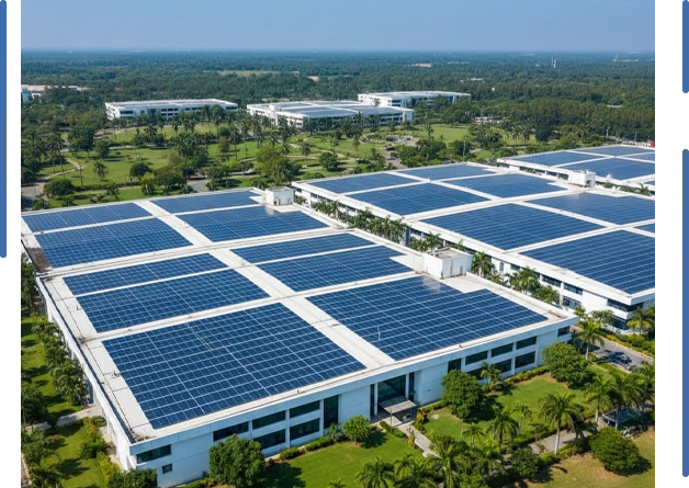 Industrial facility with large-scale rooftop solar panel system for commercial electricity generation in India