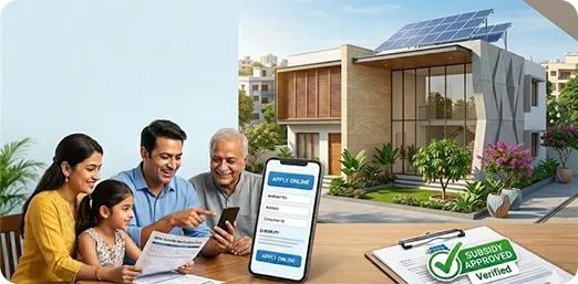 Indian family applying for rooftop solar subsidy online with solar-powered home illustration