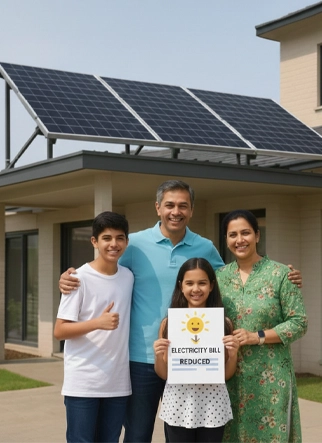 Family standing in front of a home with rooftop solar panels holding an electricity bill reduced sign, highlighting residential solar savings and government solar rebates in Rajkot