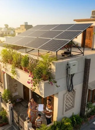 Residential rooftop solar panel installation on a modern home with a family standing outside, highlighting clean energy adoption and government solar subsidy benefits in Vadodara