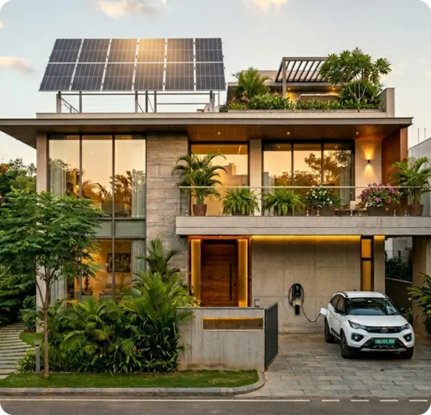 Luxury villa with a 4kW rooftop solar plant and a home EV charging station powering an electric car, illustrating a complete sustainable energy ecosystem