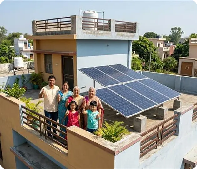 A happy Indian family standing on their terrace next to a 3kW solar panel installation, showcasing the benefits of renewable energy for domestic use