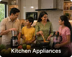 Symbol for various kitchen appliances like microwave and mixer-grinder running on clean solar energy for a sustainable home