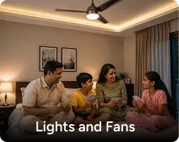 Graphic showing essential lighting and ceiling fans operating on solar power to reduce daily electricity consumption