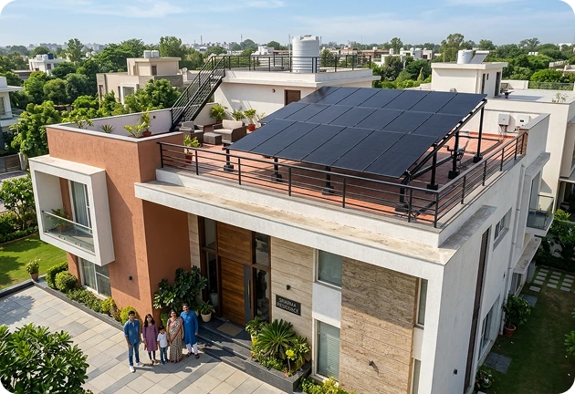 Modern luxury home with rooftop solar panel system and family standing outside, showcasing residential solar energy installation