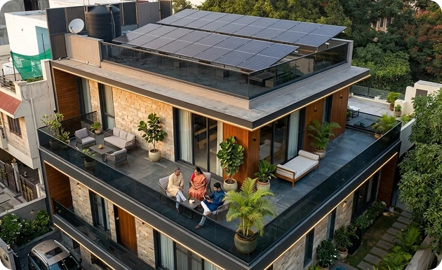 Contemporary house terrace with seating area and rooftop solar panels, highlighting stylish solar-powered living space