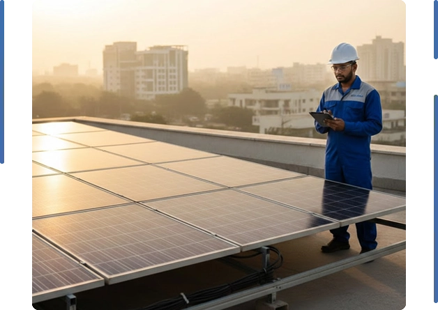 Solar technician inspecting rooftop solar panels while using a tablet during sunrise on a commercial building in Vadodara, showcasing professional solar installation and maintenance for clean energy solutions