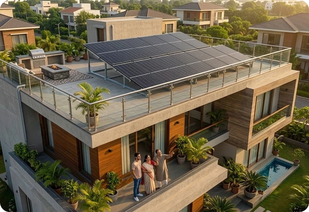 Indian family on balcony of modern home with rooftop solar panels, representing clean energy and sustainable lifestyle