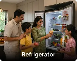 24/7 solar power support icon for a domestic refrigerator, emphasizing continuous energy supply from a rooftop solar plant