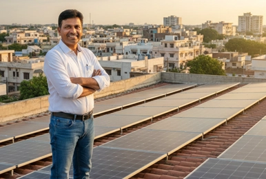 Solar installer standing on a rooftop with solar panels in Rajkot, showcasing residential solar energy installation.