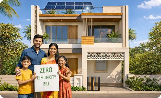 Indian family holding a 'Zero Electricity Bill' sign in front of their solar-powered home to demonstrate the high ROI of a 3kW solar system.