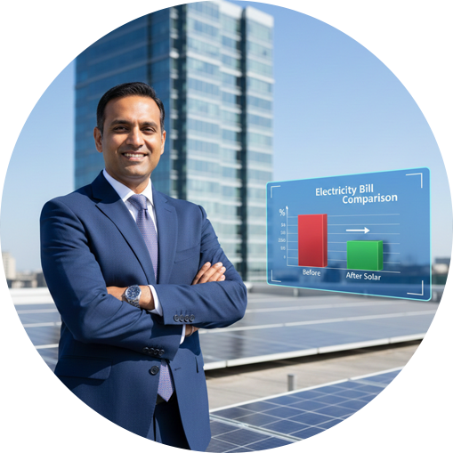 Solar company executive in Rajkot showcasing rooftop solar system with electricity bill savings comparison