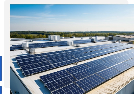 Large commercial rooftop solar power plant installed on industrial warehouse for energy savings