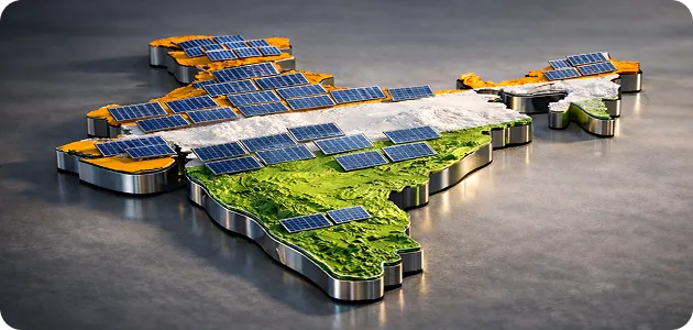 Map of India covered with solar panels representing solar energy adoption and government solar subsidy initiatives
