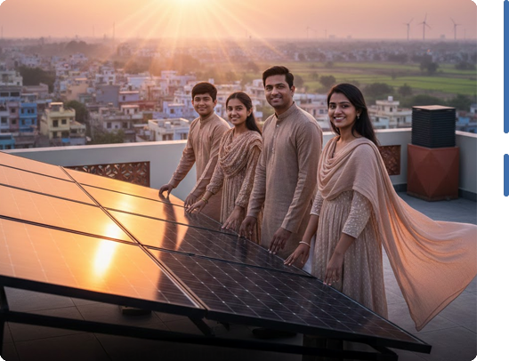 Happy family of four standing beside rooftop solar panels at sunset, overlooking a residential neighborhood, symbolizing clean energy adoption and starting a home solar journey in Vadodara