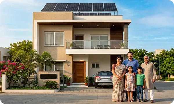 Indian family standing in front of modern house with rooftop solar panels under PM Surya Ghar Muft Bijli Yojana subsidy scheme