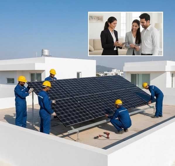 Technicians installing rooftop solar panels on a residential building with an inset consultation scene, showcasing professional solar installation services in Rajkot