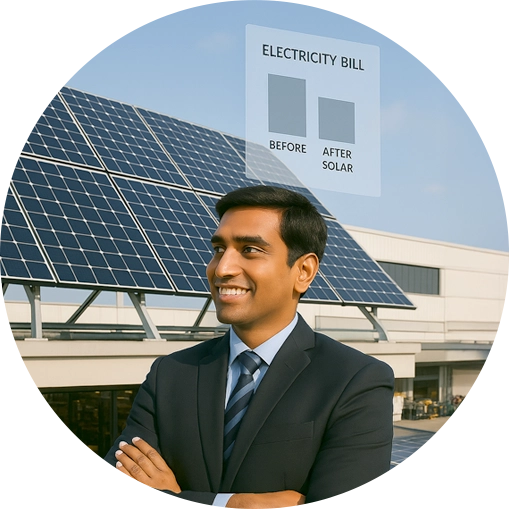 Businessman smiling happily while looking at solar panels installed on the roof with reduced electricity bills displayed on a digital meter