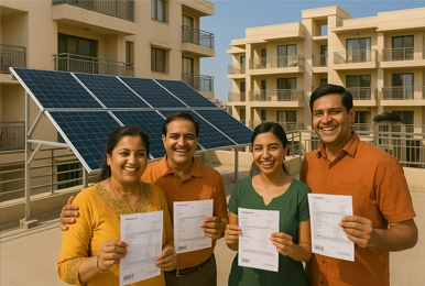 Group of Ahmedabad residents gathered near a shared rooftop solar system installed, showcasing community participation in clean energy initiatives