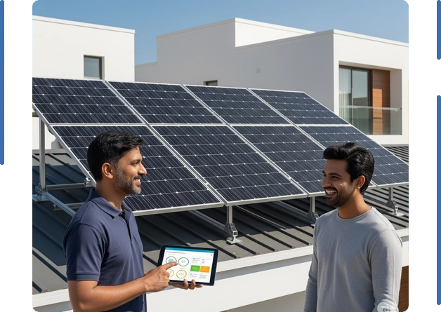 Solar panels installed on a rooftop with a bright sun shining, representing comprehensive solar energy solutions for homes 