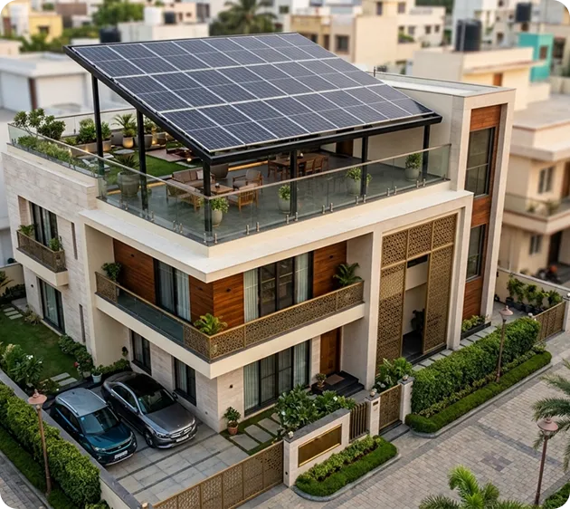 Modern Indian home with a rooftop solar panel system installed on a raised terrace mounting structure for residential solar power generation.