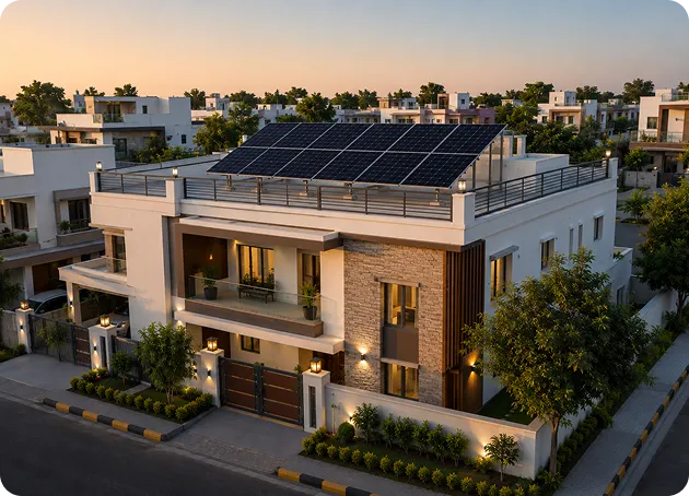 Modern Indian home equipped with a rooftop solar panel system installed on an elevated structure for reliable residential electricity generation.