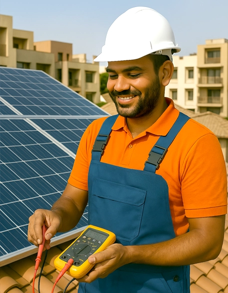 Technician performing maintenance and monitoring of solar panels to ensure peak efficiency and ongoing support