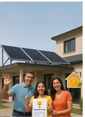 Ahmedabad home with rooftop solar panels installed under the PM Surya Ghar Muft Bijli Yojana showing a happy family and visual elements representing government subsidy and solar savings