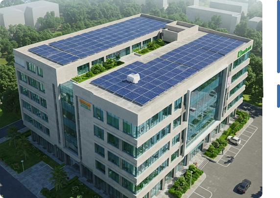 Commercial building powered by solar panels promoting clean and reliable solar power solutions in India