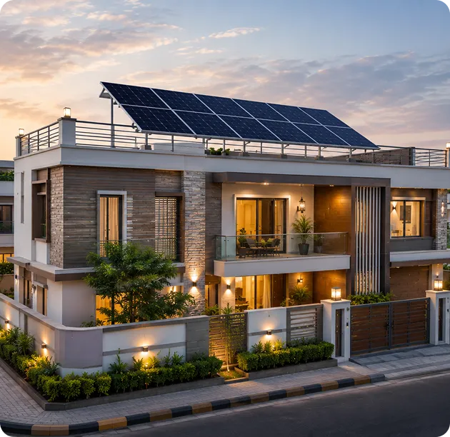 Contemporary Indian house with a rooftop solar panel system installed on an elevated mounting structure, providing clean energy for the home.