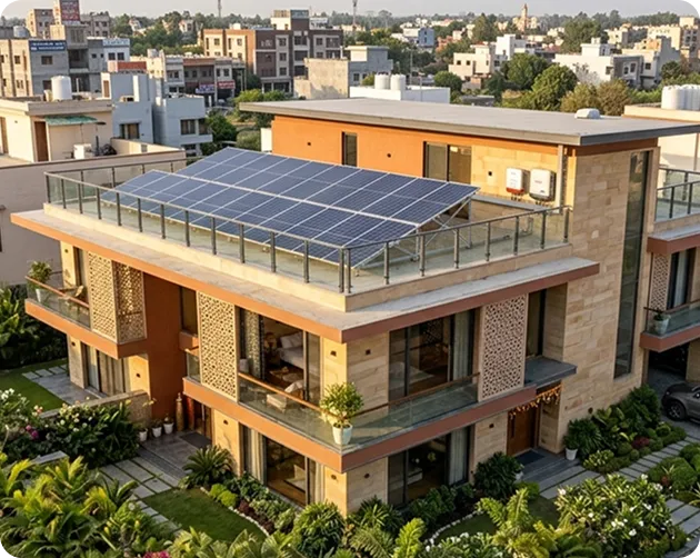 Residential Indian home featuring a rooftop solar panel installation on a terrace-mounted structure designed for efficient solar energy production.