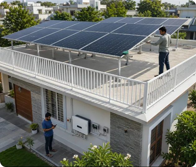 Technician cleaning rooftop solar panels while another person monitors the solar inverter on a residential Indian home with a rooftop solar system.