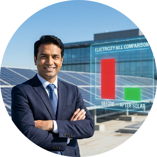 Businessman smiling happily while looking at solar panels installed on the roof with reduced electricity bills displayed on a digital meter