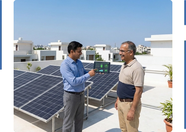 Residential rooftop solar installation in Surat, Gujarat – solar expert demonstrating solar monitoring system and energy savings for home solar panels