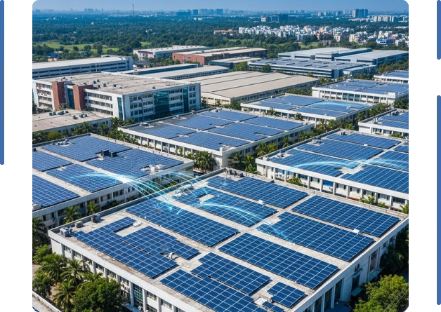 Commercial rooftop solar installation in Surat, Gujarat on industrial buildings, showcasing large-scale solar power systems for businesses and clean energy generation