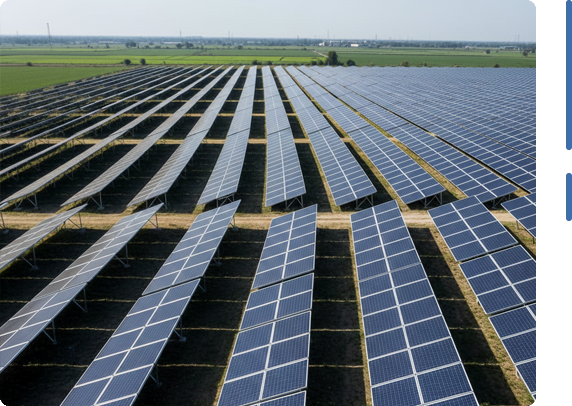 Ground-mounted solar power plant near Surat, Gujarat with high-capacity photovoltaic panels generating renewable electricity for utility and industrial energy needs