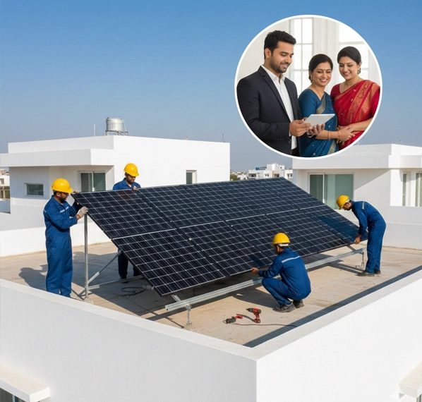 Commercial rooftop solar installation in Surat with solar expert analyzing energy production data on tablets, promoting high-efficiency solar panels for businesses