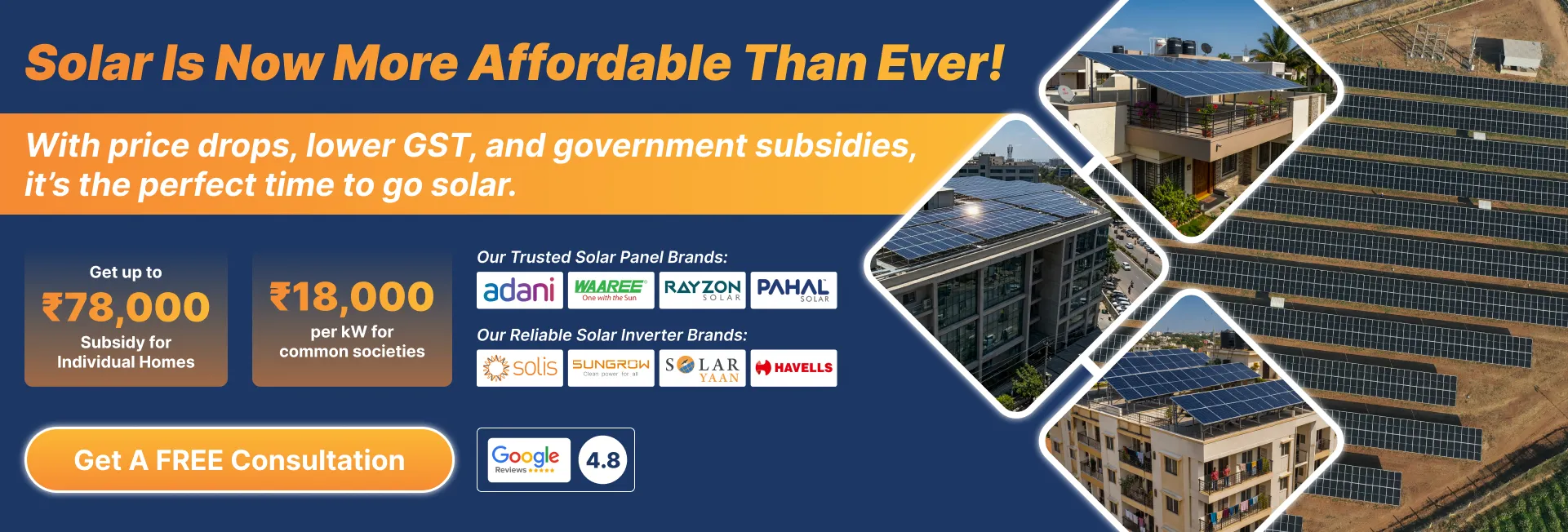 Solar is now more affordable than ever with price drops and government subsidies. Rooftop solar installations on residential and commercial buildings with up to ₹78,000 subsidy and ₹18,000 per kW for housing societies. Start your solar journey with Sunboost Energy.