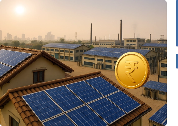 Rooftop solar panels with price tag and subsidy symbol in India
